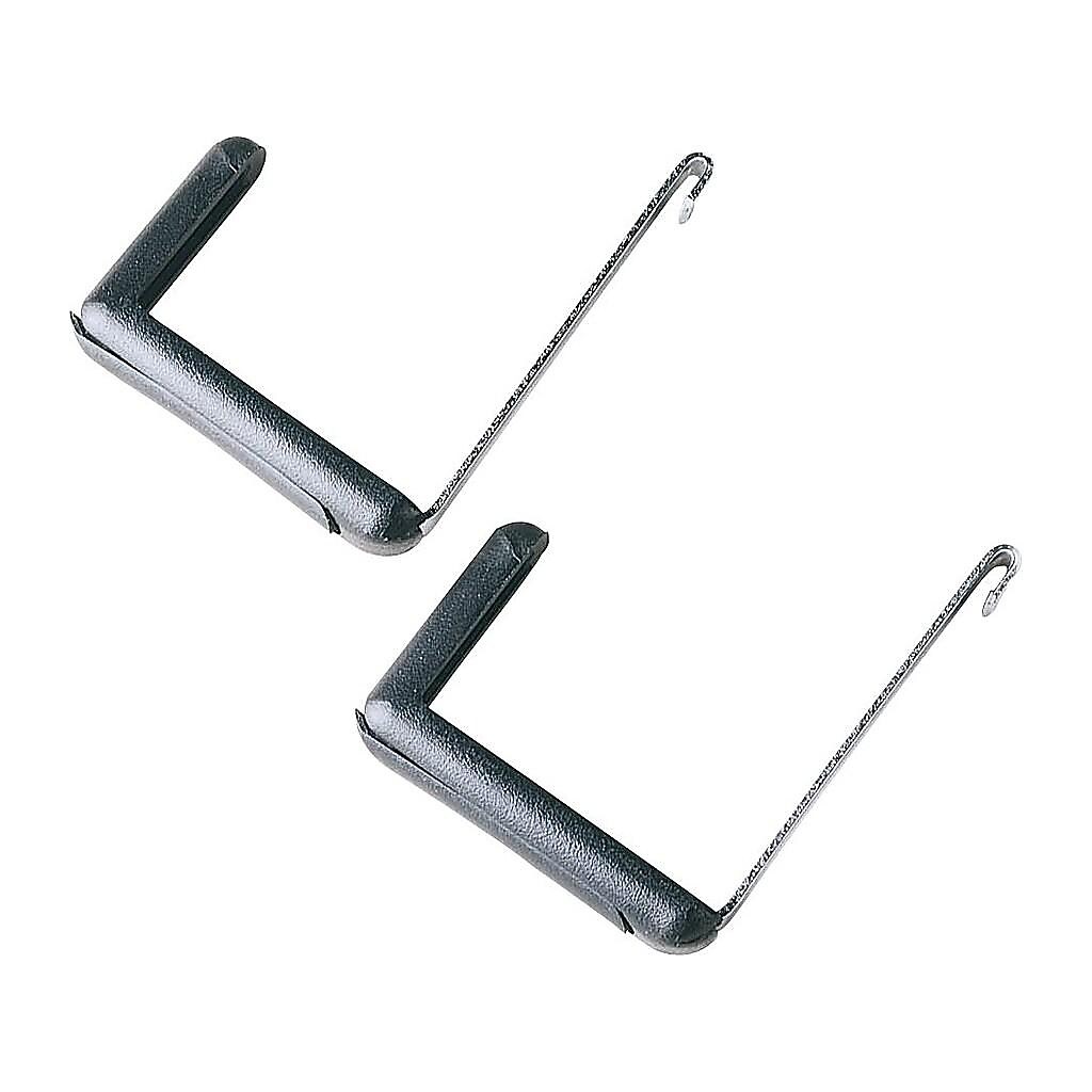 Two small black U-shaped brackets with hooks