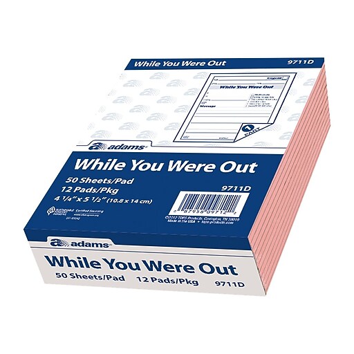 Adams While You Were Out Message Pads, 4.25" x 5.5", Pink, 50 Sheets/Pad, 12 Pads/Pack (9711D
