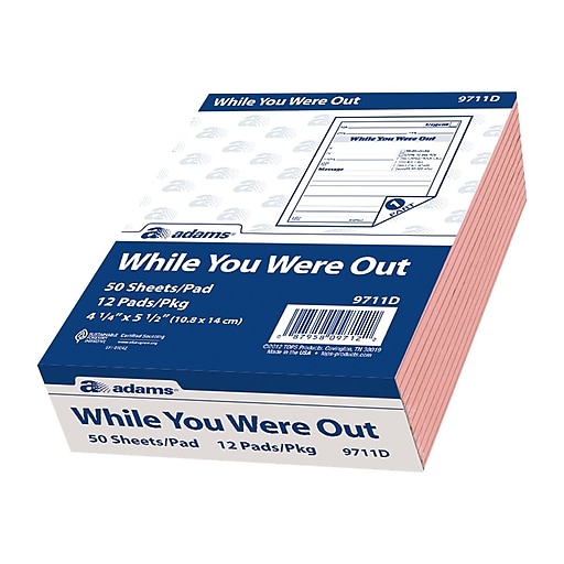 50 Sheets per Pad 4.25 x 5.5 Inches 12 Pads per Pack 3002P Pink TOPS While You Were Out One-Sided Note Pads 