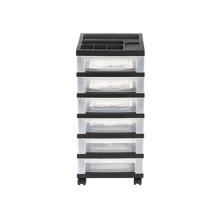 Iris 6-Drawer Durable Storage Cart, Plastic, Black/Clear