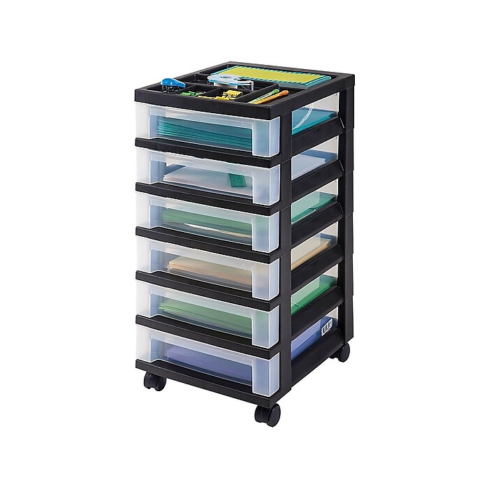 Iris 6-Drawer Durable Storage Cart, Plastic, Black/Clear
