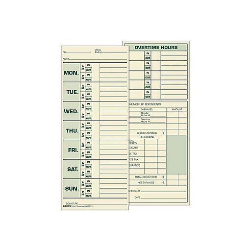 TOPS Time Cards for Pyramid 1000 Time Clock, 500/Box (TOP 1291) Staples