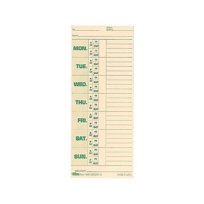 1000 Ct) Time Cards for Simplex Consecutive Model 1405, Form 1950-9251, TN