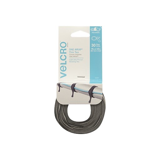 Velcro Brand ONEWRAP Cable Ties, 1/2" x 15", Reusable Hook & Loop Fastener, Gray, 30/Pack