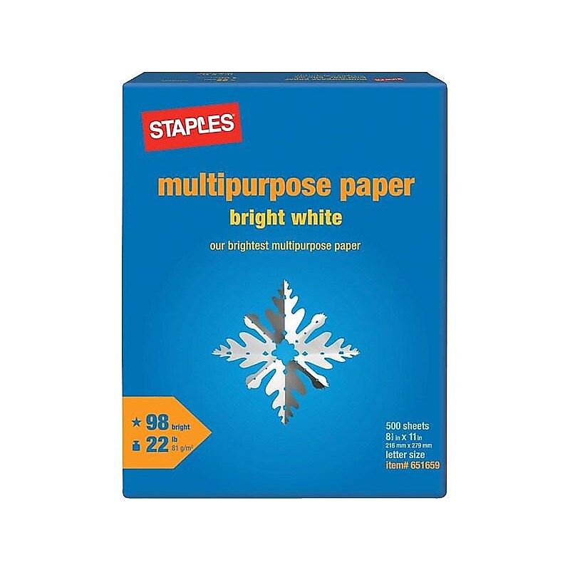 Staples 8.5" x 11" Multipurpose Paper, 22 lbs., 98 Brightness, 500/Ream (22098) image 1