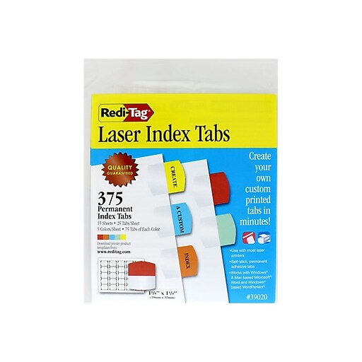 RediTag® Printable Laser Index Tabs, SelfStick Plastic, 15 Sheets at