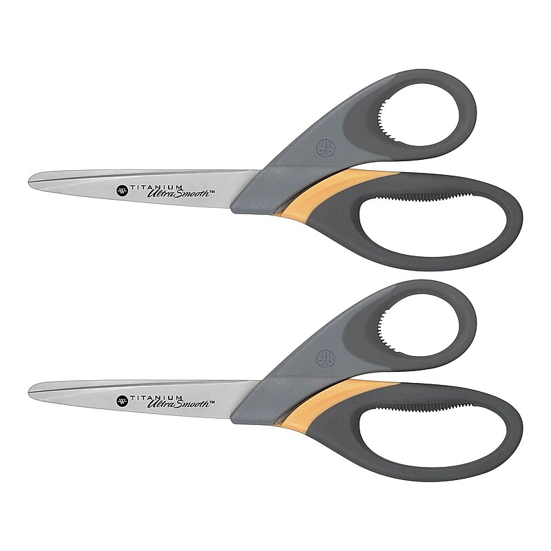 Westcott Titanium Bonded UltraSmooth 8" Heavy Duty Scissors, Blunt Tip, Gray/Yellow, 2/Pack (14107) image 1