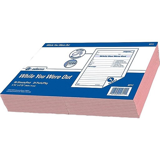 Adams While You Were Out Message Pads, 4.25" x 5.5", Pink, 50 Sheets/Pad, 24 Pads/Pack (9711