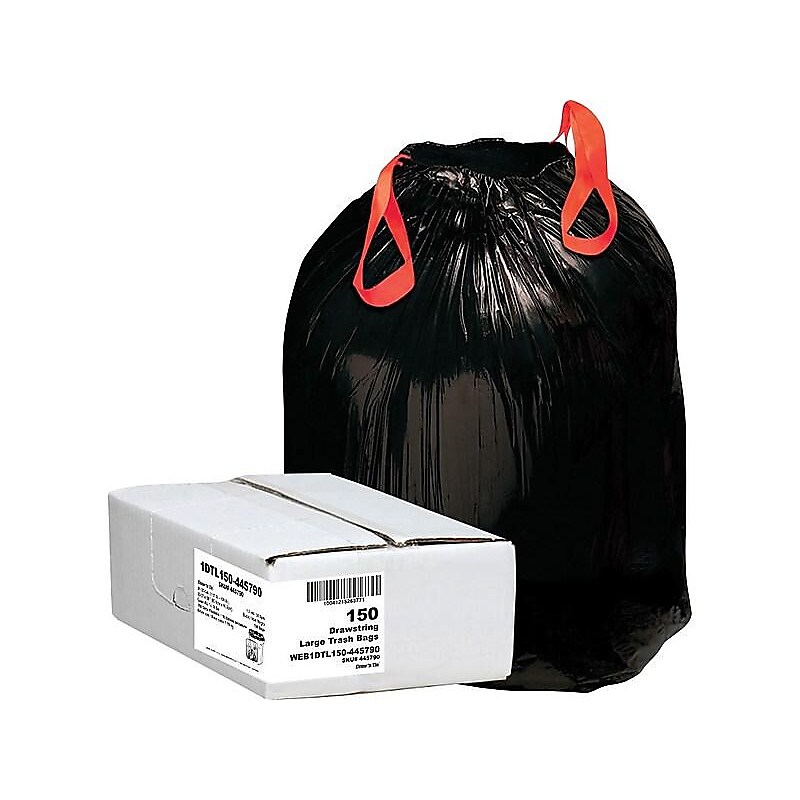 Berry Global Draw 'N Tie 33 Gallon Industrial Trash Bag, 33.5" x 38", Low Density, 1.2mil, Black, 150 Bags/Box (1DTL150) image 1