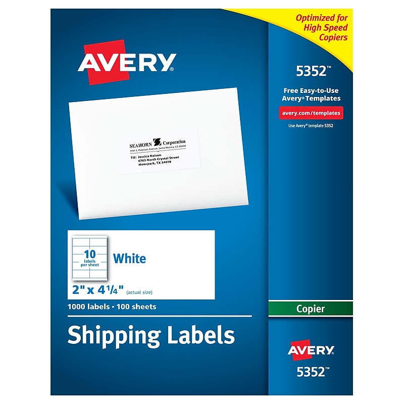 Avery Copier Shipping Labels, 2" x 4-1/4", Matte White, 1000 Labels/Box (5352) image 1