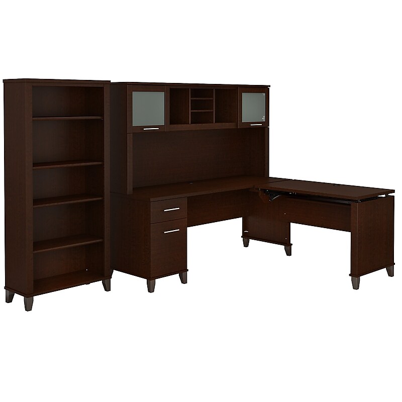 Bush Furniture Somerset 72"W 3 Position Sit to Stand L Shaped Desk with Hutch and Bookcase, Mocha Cherry (SET017MR) image 1