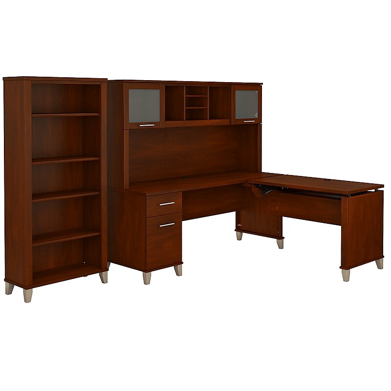 Bush Furniture Somerset 72"W 3 Position Sit to Stand L Shaped Desk with Hutch and Bookcase, Hansen Cherry (SET017HC) image 1