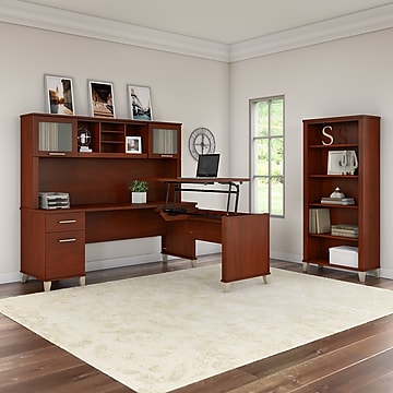 Bush Furniture Somerset 72W 3 Position Sit to Stand L Shaped Desk with Hutch and Bookcase, Hansen Cherry (SET017HC)