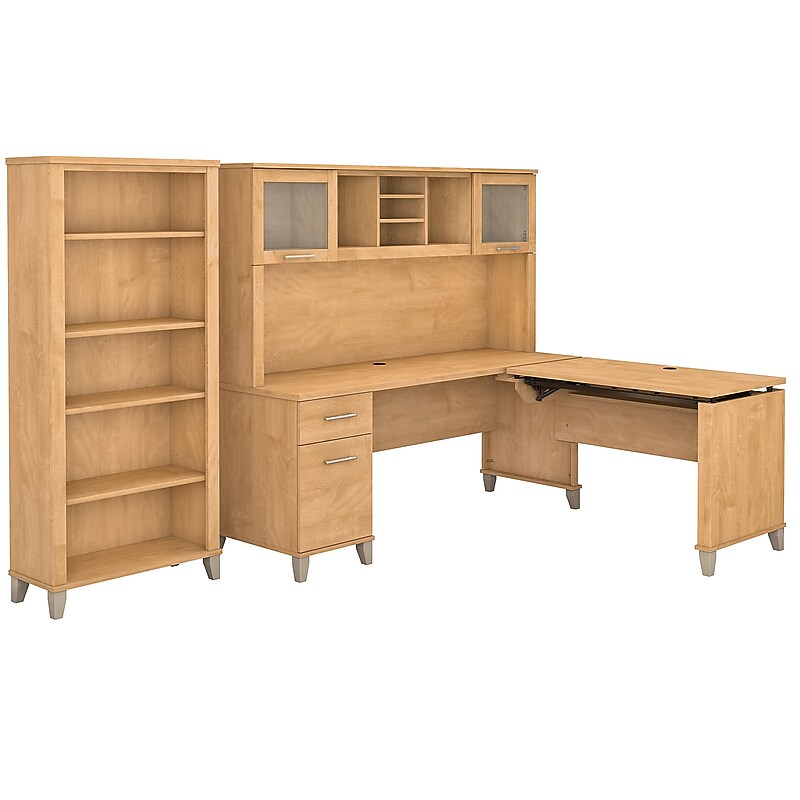 Bush Furniture Somerset 72"W 3 Position Sit to Stand L Shaped Desk with Hutch and Bookcase, Maple Cross (SET017MC) image 1