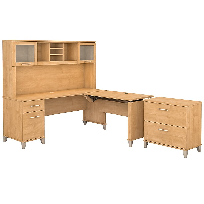 Bush Furniture Somerset 72"W 3 Position Sit to Stand L Shaped Desk with Hutch and File Cabinet, Maple Cross (SET016MC) image 1
