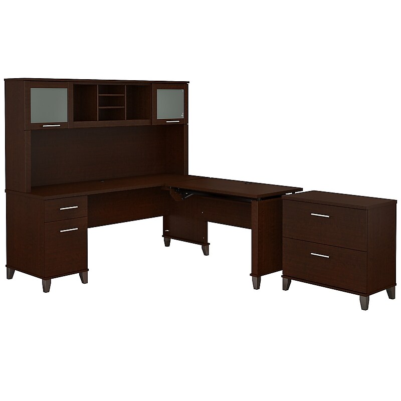 Bush Furniture Somerset 72"W 3 Position Sit to Stand L Shaped Desk with Hutch and File Cabinet, Mocha Cherry (SET016MR) image 1
