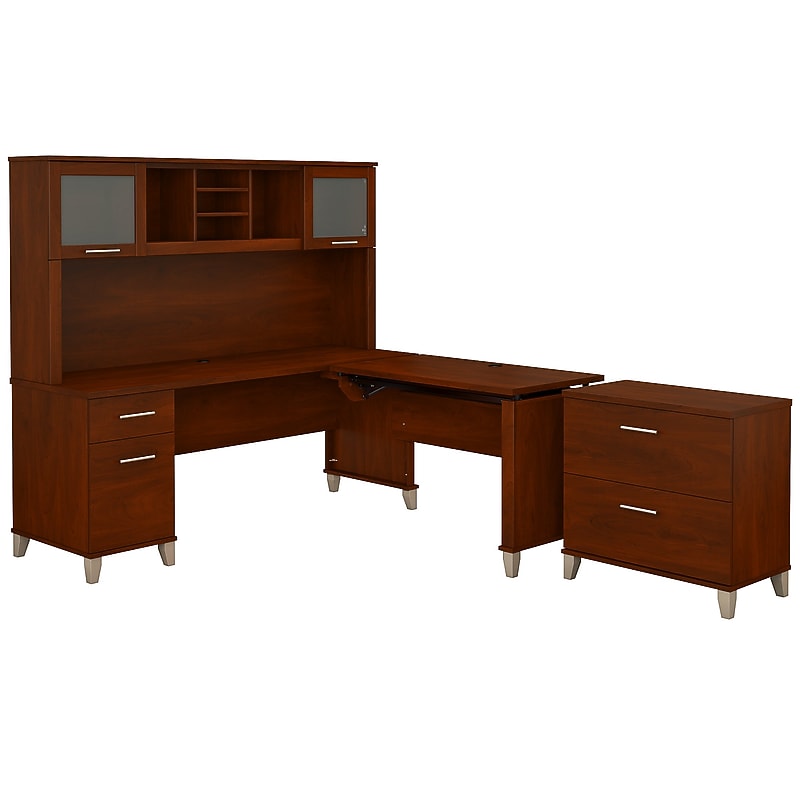 Bush Furniture Somerset 72"W 3 Position Sit to Stand L Shaped Desk with Hutch and File Cabinet, Hansen Cherry (SET016HC) image 1