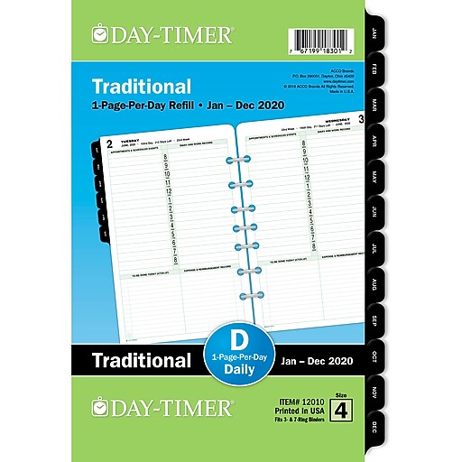 2020 DayTimer® 5 1/2" x 8 1/2" Classic One Page Per Day Refill, 12