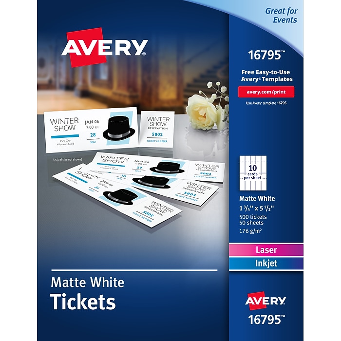 Avery Printable Tickets with Tear-Away Stubs, Matte White, 1.75