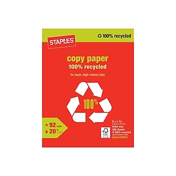 Staples 100% Recycled 8.5" x 11" Copy Paper, 20 lbs., 92 Brightness, 500/Ream (620016)