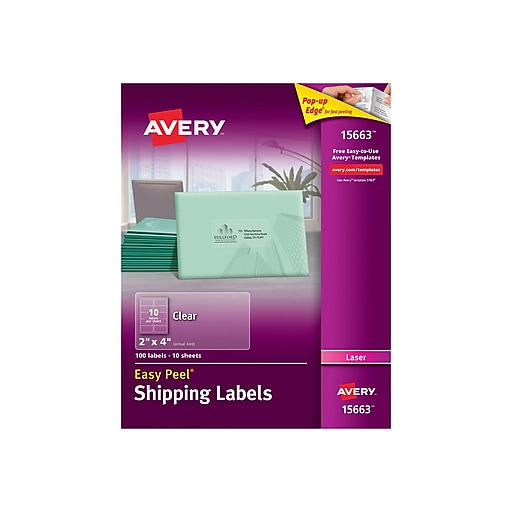 Avery® 15663 Clear Laser Shipping Labels with Easy Peel®, 2" X 4", 100