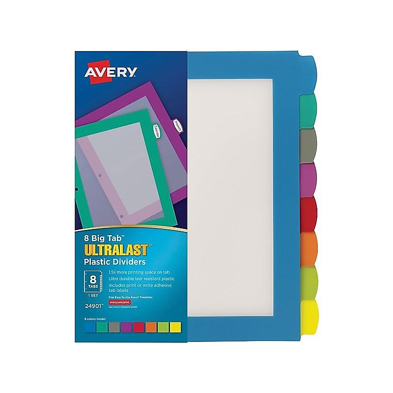 Avery Big Tab Ultralast Plastic Dividers with White Tab Labels, 8 Tabs, Multicolor (24901) image 1