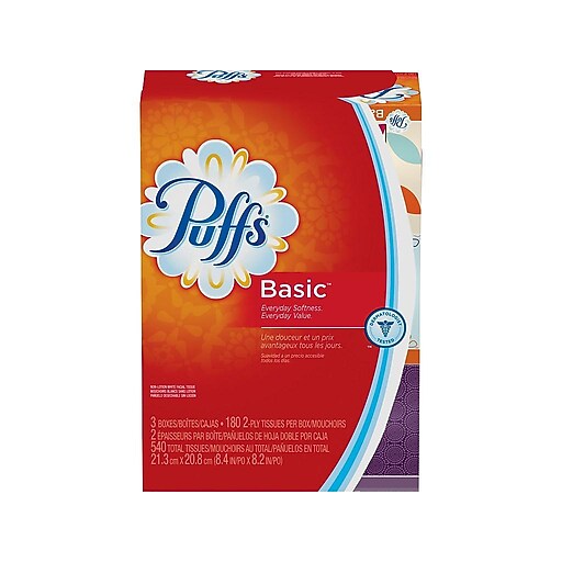 Puffs® Basic Family Facial Tissues, 2Ply, 180 count, 3 Boxes/Pack (PGC 84381/34458) at Staples