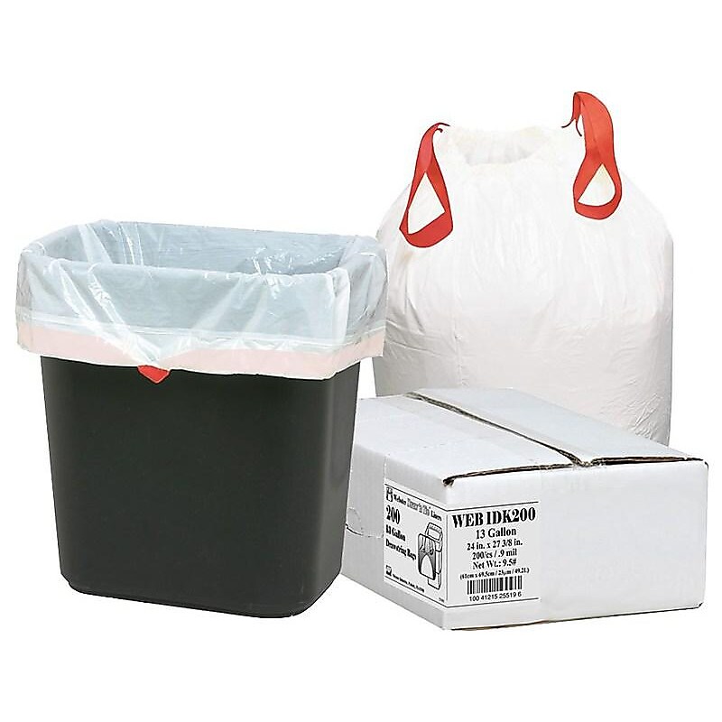Berry Global Draw 'N Tie 13 Gallon Trash Bag, 24" x 27.38", Low Density, 0.9mil, White, 200 Bags/Box (1DK200) image 1