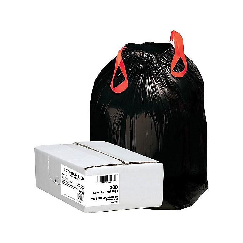 Berry Global Draw 'N Tie 30 Gallon Industrial Trash Bag, 30.5" x 34", Low Density, 1.2mil, Black, 200 Bags/Box (1DT200) image 1