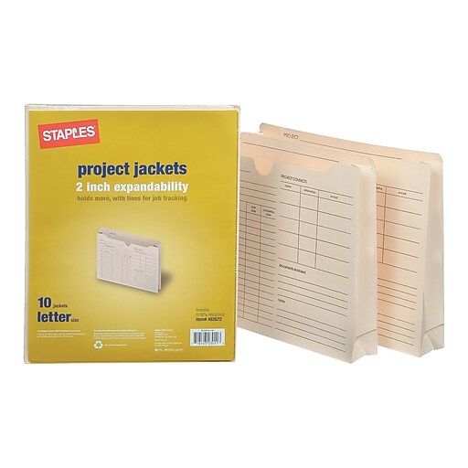 Staples Reinforced File Jackets, 2" Expansion, Letter Size, Manila, 10