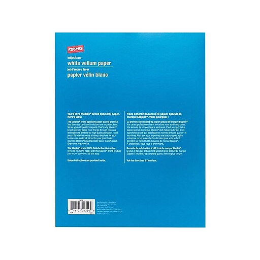 Staples Inkjet/Laser White Vellum Paper, 8 1/2" x 11", 50/Pack Staples