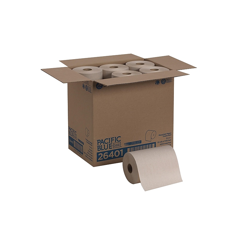 Pacific Blue Basic Recycled Hardwound Paper Towels, 1-ply, 580 ft./Roll, 12 Rolls/Carton (26401) image 1