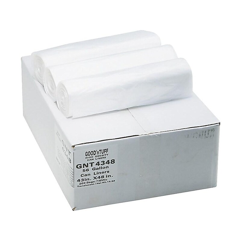 Berry Global Good'nTuff 56 Gallon Industrial Trash Bag, 43" x 48", High Density, 14 mic, Natural, 200 Bags/Box (GNT4348) image 1