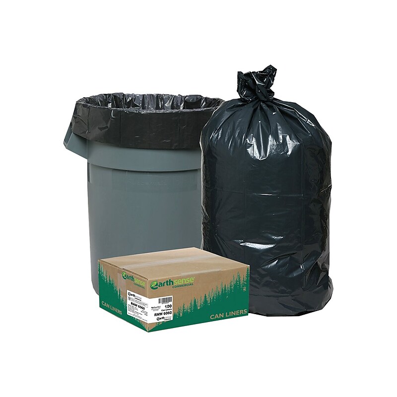 Earthsense Recycled 55-60 Gallon Trash Bags, Black, 100/Carton (RNW6060) image 1
