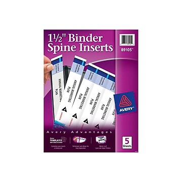 Avery Binder Spine Inserts, 1.5" Spine Width, White, 5 Inserts/Sheet, 5 Sheets/Pack (89105)