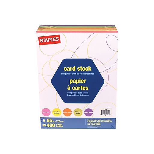 Staples 65 lb. Cardstock Paper, 8.5 x 11, Assorted Colors, 400  Sheets/Pack (25496)