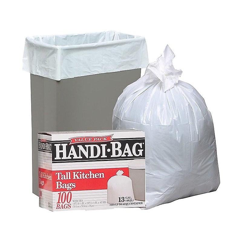 Berry Global Handi-Bag 13 Gallon Trash Bag, 23.75" x 28", Low Density, 0.6 mil, White, 100 Bags/Box (HAB6FK100) image 1