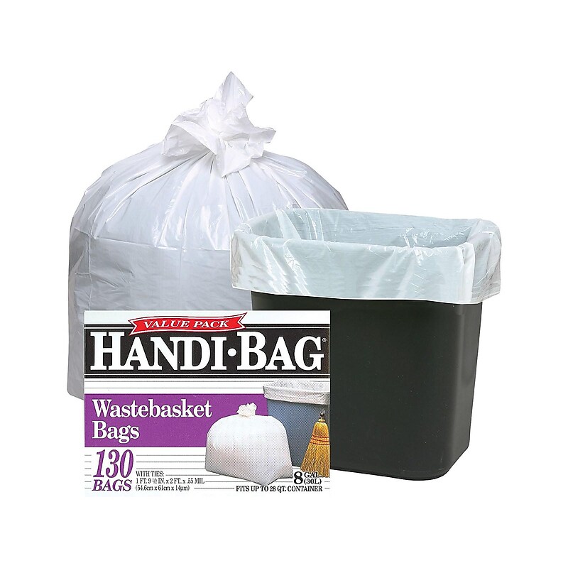 Berry Global Handi-Bag 8 Gallon Trash Bag, 22" x 24", Low Density, 0.6 mil, White, 130 Bags/Box (HAB6FW130/HAB6W) image 1