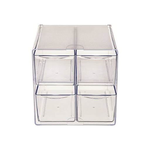 Deflect-O Cube 4-Compartment Stackable Plastic Storage Drawers, Clear  (350301)