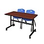 Regency Kobe 48" Flip Top Mobile Training Table- Cherry & 2 'M' Stack Chairs- Blue~#|#~sp4548138_sc7