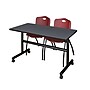 Regency Kobe 48" Flip Top Mobile Training Table- Grey & 2 'M' Stack Chairs- Burgundy~#|#~sp4548141_sc7