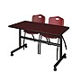 Regency Kobe 48" Flip Top Mobile Training Table- Mahogany & 2 'M' Stack Chairs- Burgundy~#|#~sp4548314_sc7