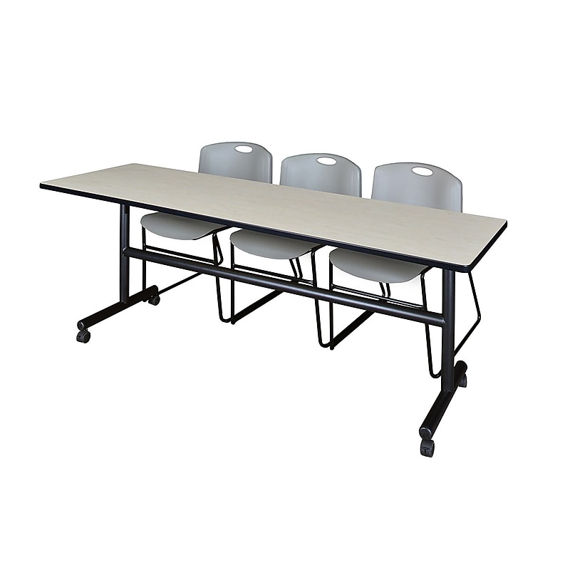 Regency Kobe 84" Flip Top Mobile Training Table- Maple & 3 Zeng Stack Chairs- Grey image 1