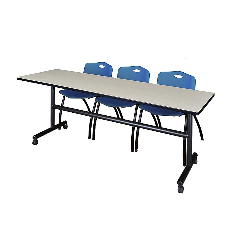 Regency Kobe 84" Flip Top Mobile Training Table- Maple & 3 'M' Stack Chairs- Blue image 1