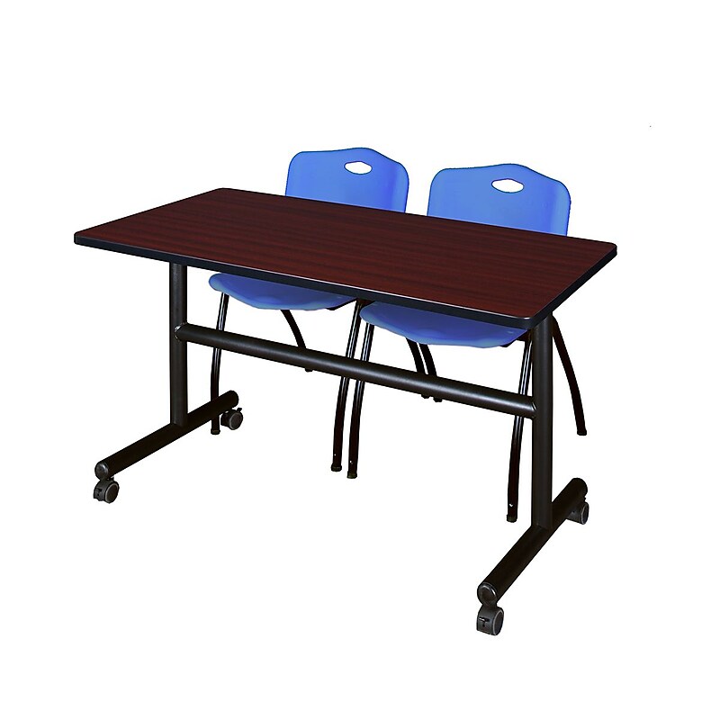 Regency Kobe 48" Flip Top Mobile Training Table- Mahogany & 2 'M' Stack Chairs- Blue image 1