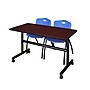 Regency Kobe 48" Flip Top Mobile Training Table- Mahogany & 2 'M' Stack Chairs- Blue~#|#~sp4548526_sc7