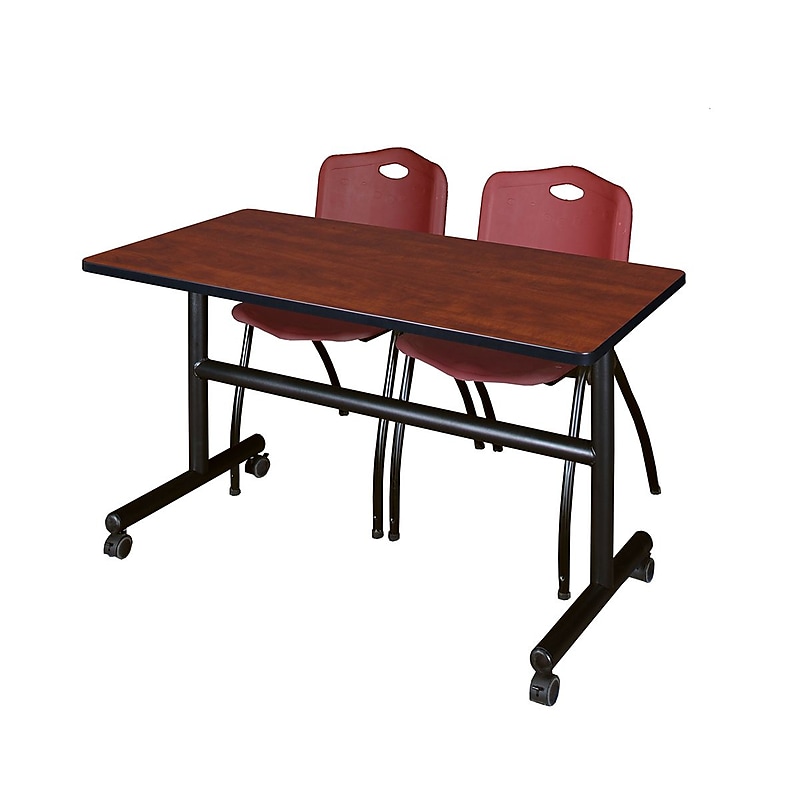 Regency Kobe 48" Flip Top Mobile Training Table- Cherry & 2 'M' Stack Chairs- Burgundy image 1