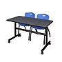 Regency Kobe 48" Flip Top Mobile Training Table- Grey & 2 'M' Stack Chairs- Blue~#|#~sp4548719_sc7