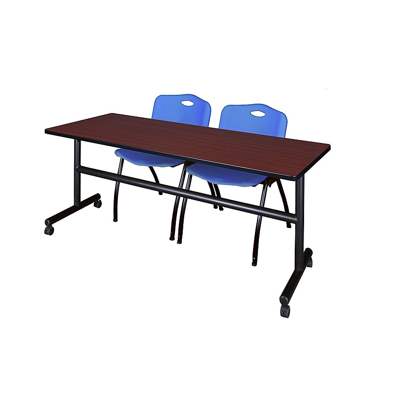 Regency Kobe 72" Flip Top Mobile Training Table- Mahogany & 2 'M' Stack Chairs- Blue image 1