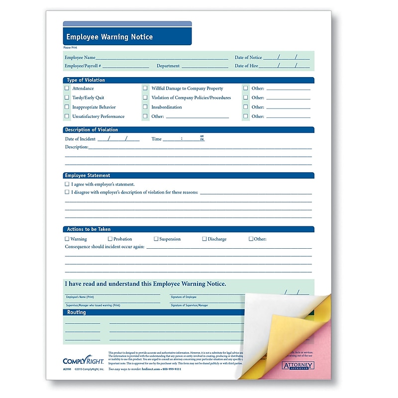 ComplyRight 3-Part Employee Warning Notice, Carbonless, Pack of 50 (A2191) image 1